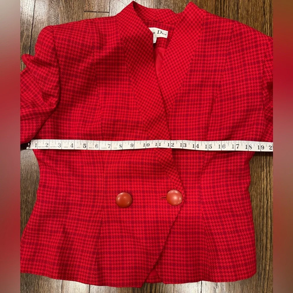 Christian Dior Vintage Houndstooth Red Plaid Pure Wool Blazer Top Size 12P